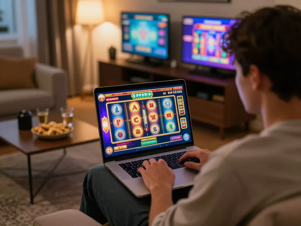 Engaging in slot pulsa gaming on a laptop at home, vibrant reels spinning in action.