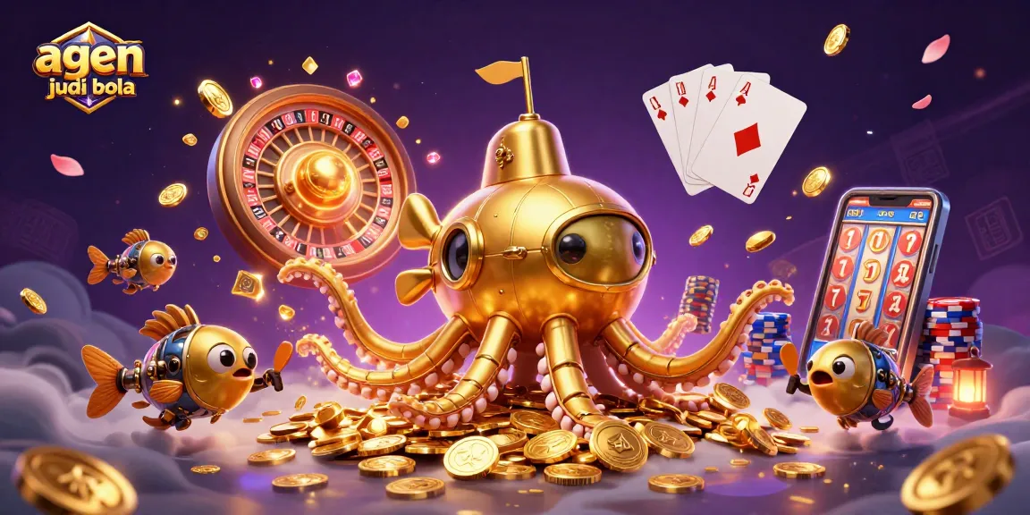 A thrilling depiction of agen judi bola featuring a golden kraken submarine with treasure in a dynamic casino scene.