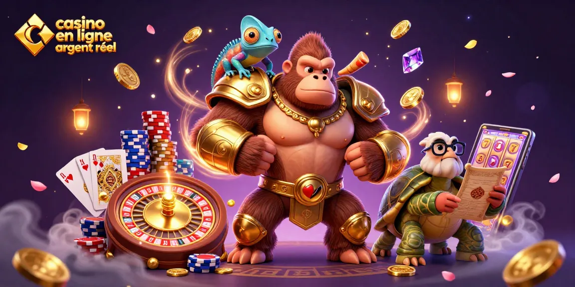 Jouez aux machines à sous au casino en ligne argent réel avec des personnages captivants dans une illustration 3D brillante.