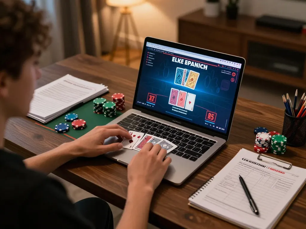 Player enjoying live blackjack on qh88go laptop, showcasing intense gaming and strategy in a cozy home setting.