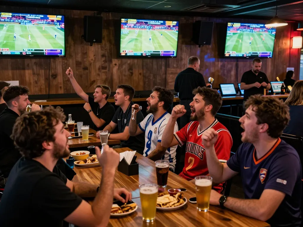 Fans celebrate while placing bets on fabet at a lively sports bar with multiple screens.