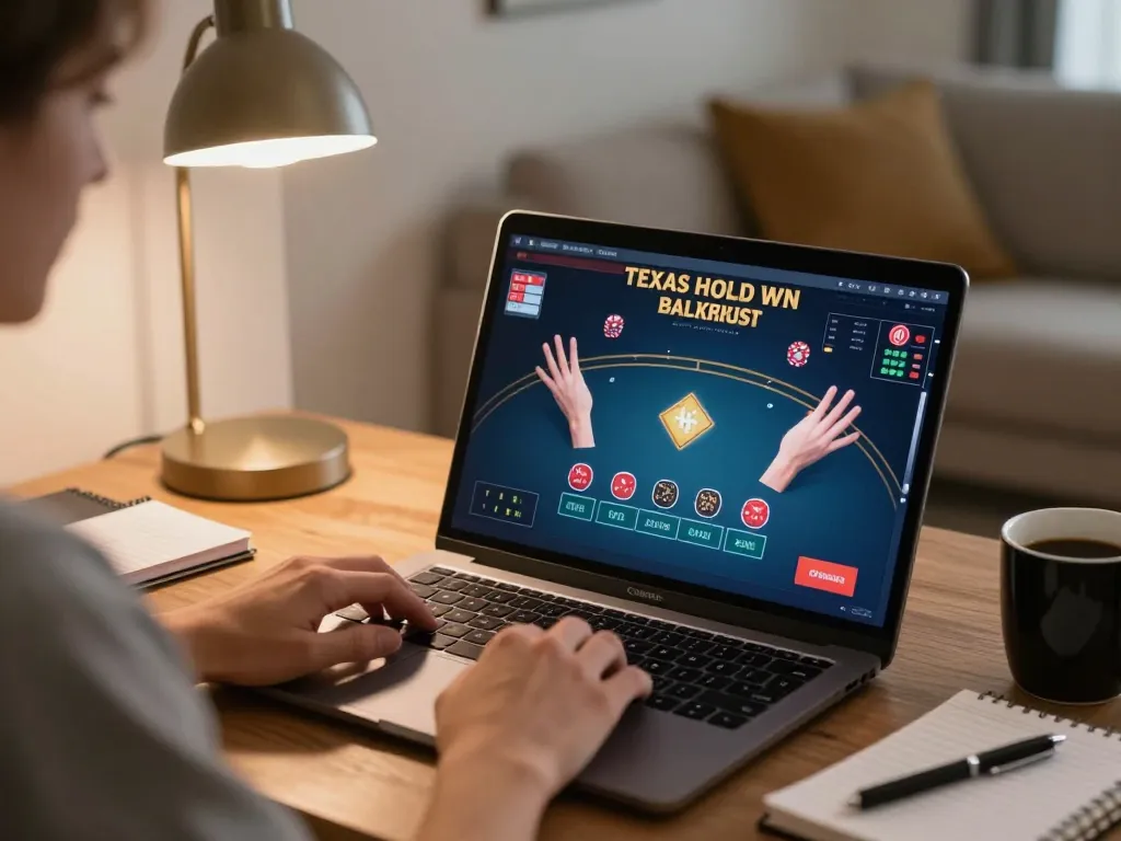 Engaging in online poker at home with laptop showing 789 game interface and strategic setup