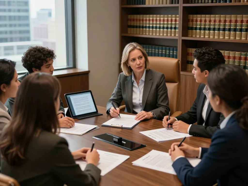 Lawyers in America consulting clients in a modern office setting.