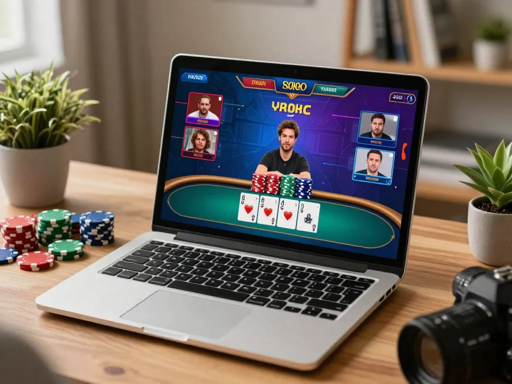 Players engaging in strategic online poker gameplay on 388bet, showcasing intense moments and charming home office decor.
