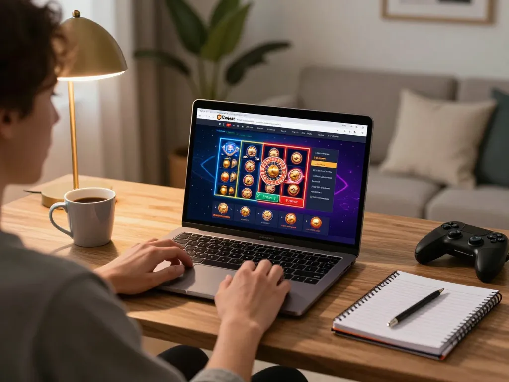 Enjoying online gaming on Fabet platform with vibrant slots and roulette options in cozy home office