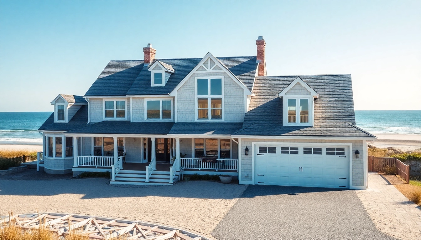 View of stunning cape cod homes with elegant design and attached garage by the beach.