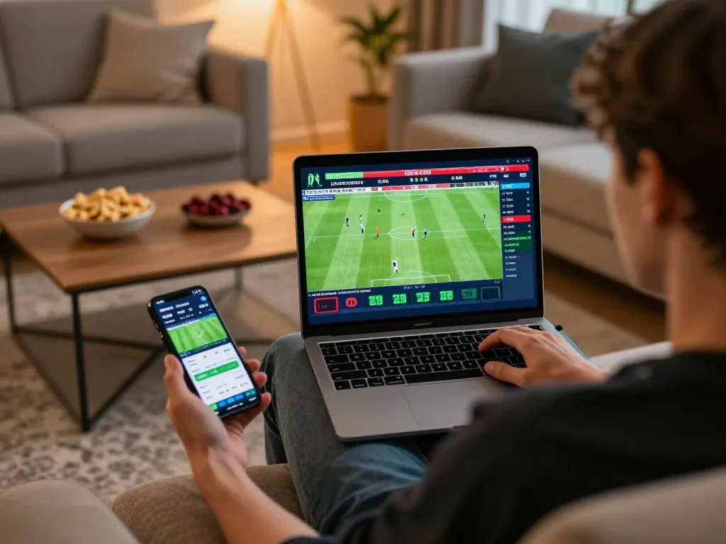 Engaging in live sports betting on O8, with a focused user in a cozy living space.