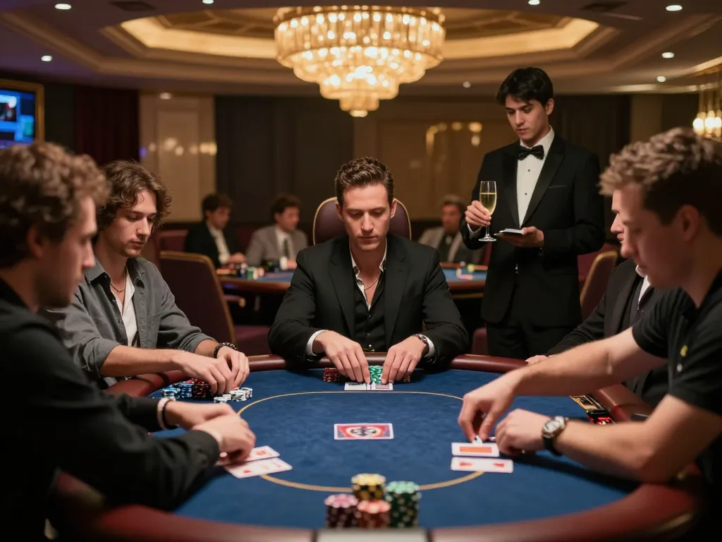 High-stakes action in a VIP area at a casino with players engaged in poker, showcasing 789win vip atmosphere