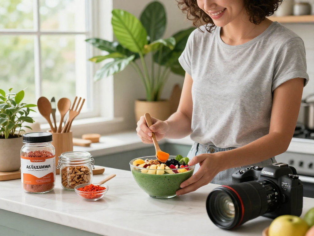 Boost your health with premium astaxanthin smoothie bowl preparation in a bright kitchen.