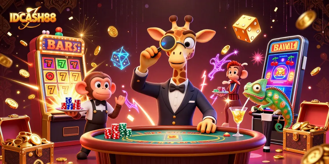 IDCASH88 showcases a vibrant casino scene with a high-roller giraffe, money, and exciting gameplay elements.