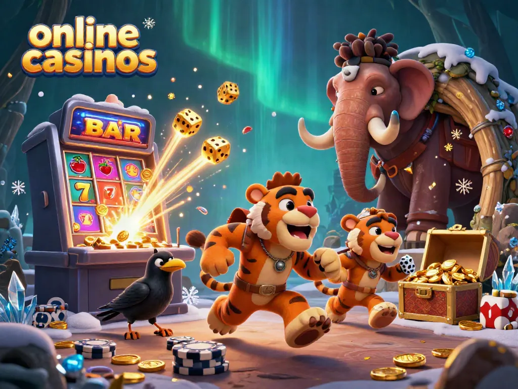 Experience thrilling online casinos in a whimsical prehistoric casino scene with engaging characters and colorful gaming elements.