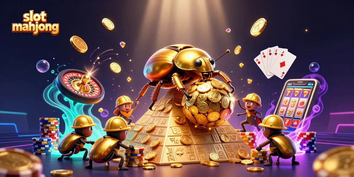 Engage with slot mahjong excitement through a vibrant 3D illustration of beetles, coins, and casino symbols.