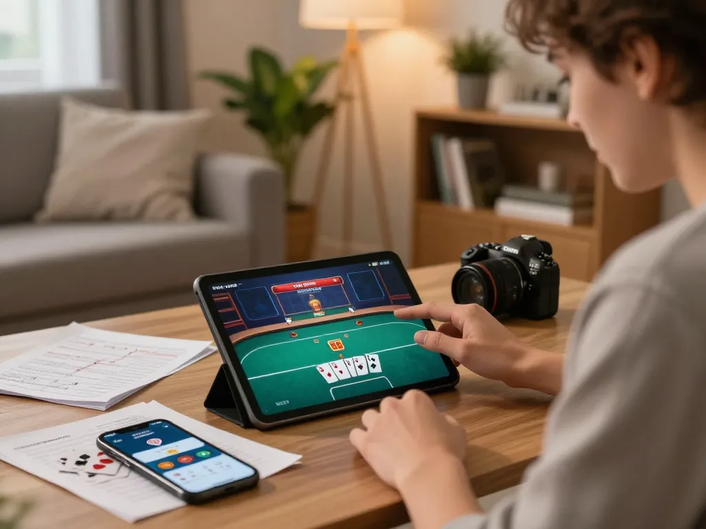 LLwin user engaged in online poker gaming with strategy notes and warm home lighting.