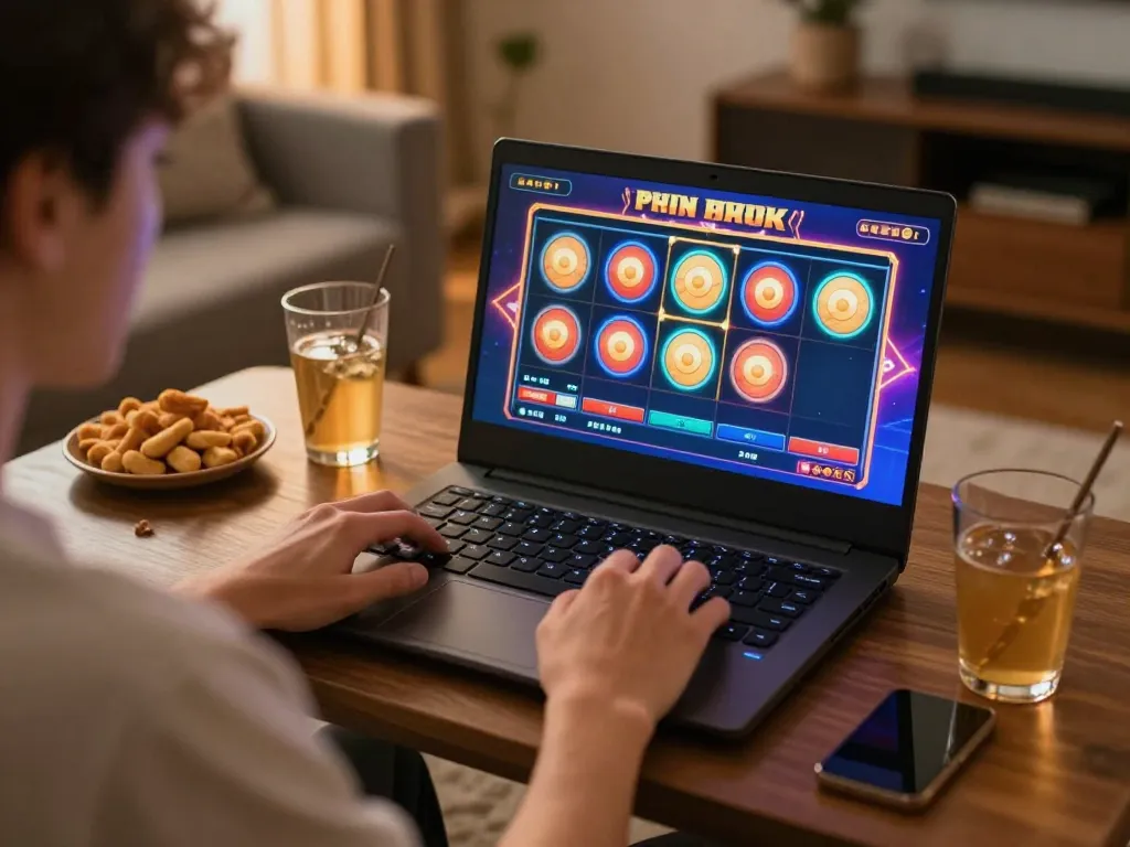 Permainan slot online yang menarik dengan Bintangmpo di laptop, menampilkan gulungan yang cerah dan suasana yang santai