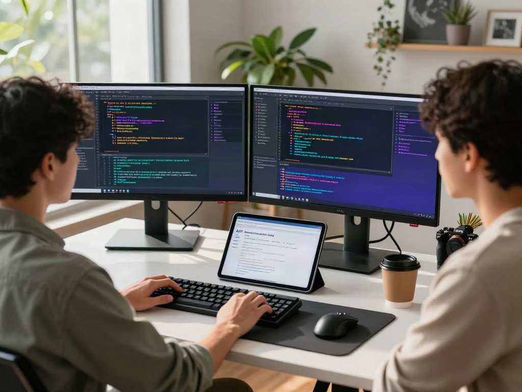 Developer in a modern tech workspace focusing on bro138 software development with dual monitors and creative tools.