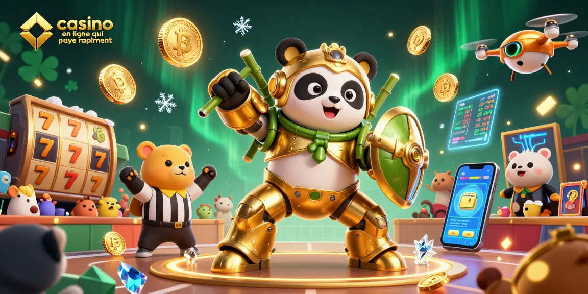 Plongez dans l'univers du casino en ligne qui paye rapidement avec un panda doré en robot et des machines à sous.