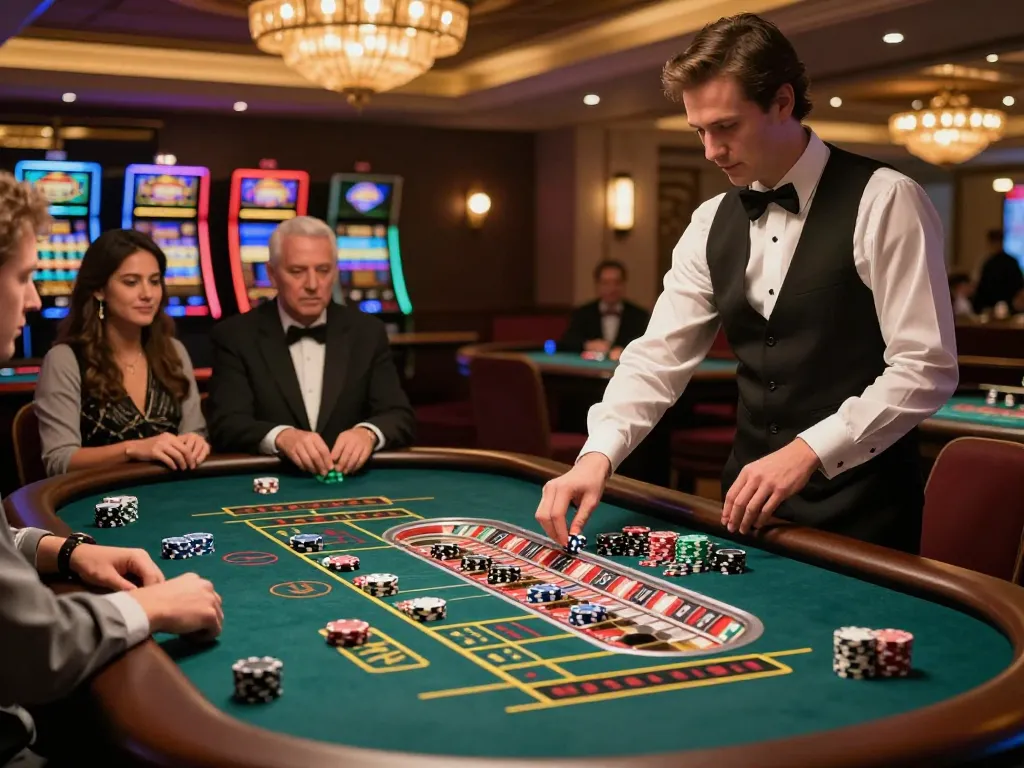 kerajaanslot players placing bets on a roulette table in a vibrant casino atmosphere.