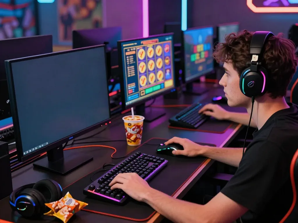 Pengguna bermain slot777 online dengan antusias, dikelilingi perangkat gaming dan suasana yang menegangkan.