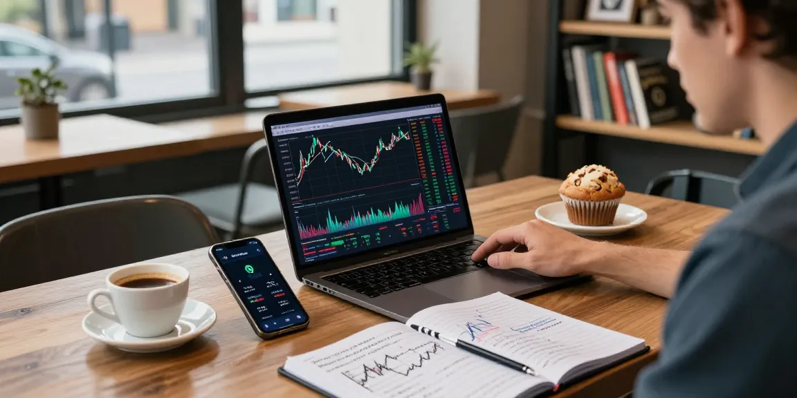 Stellar lumens price prediction analysis at a coffee shop with charts, trading notes, and crypto wallet.