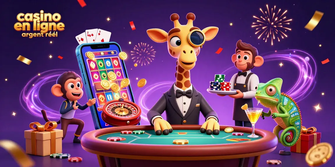 Jouez au casino en ligne argent réel avec une illustration dynamique de personnages extravagants dans un cadre de jeu captivant.