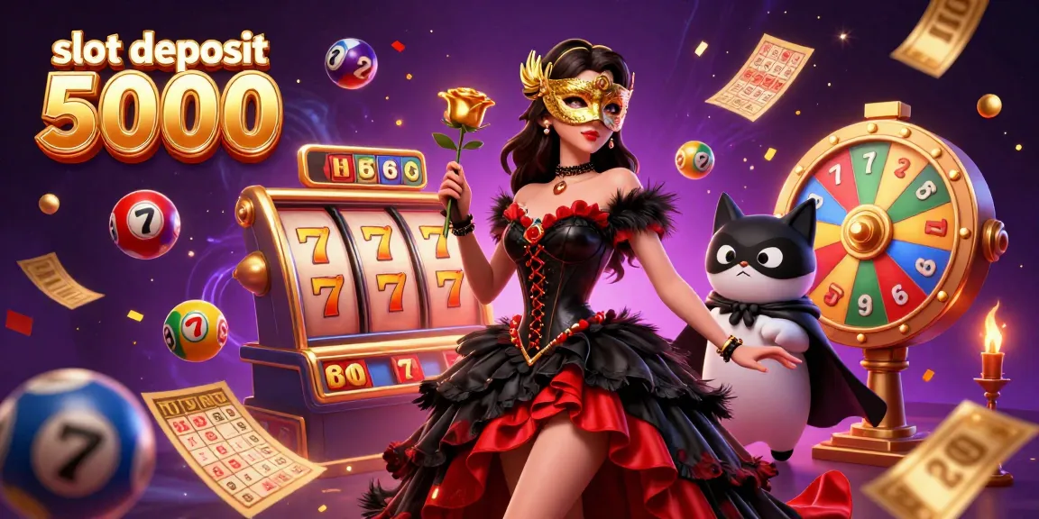 Engage with slot deposit 5000 in this vibrant casino-themed illustration packed with exciting game elements.