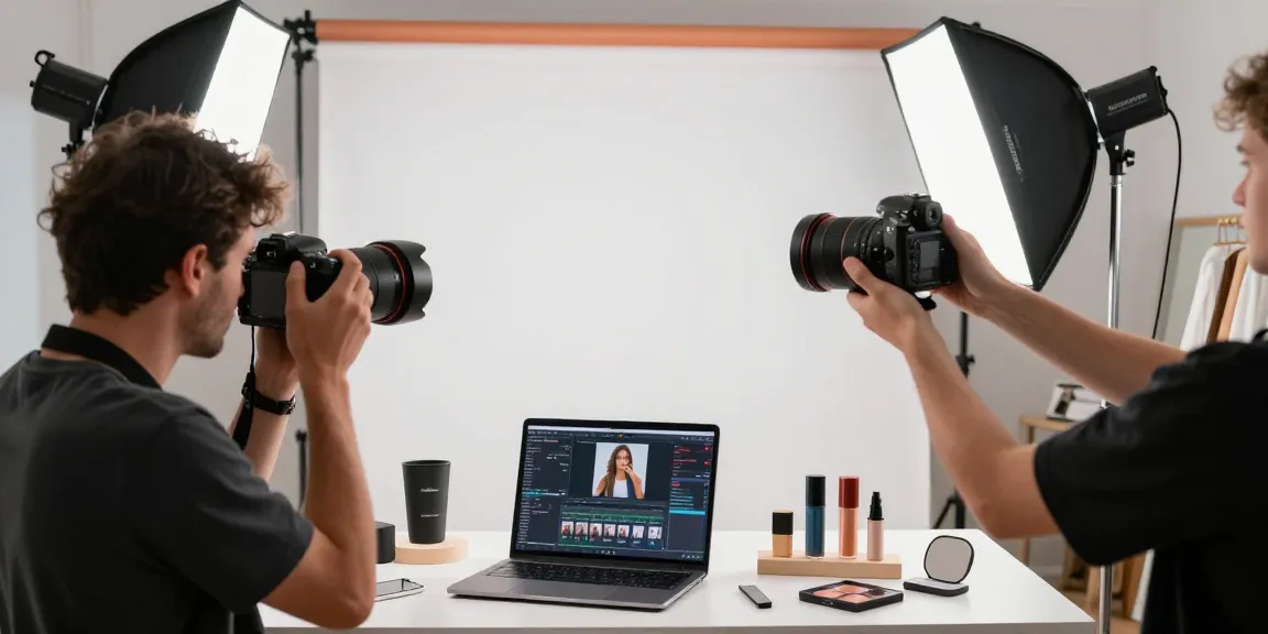 Fotografo prodotti Milano esperto nello studio fotografico mentre scatta immagini di articoli in un ambiente ben illuminato.