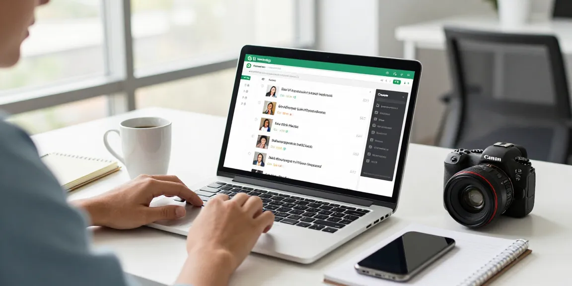 Engaged user on WhatsApp網頁版 in a modern workspace, showcasing productivity.