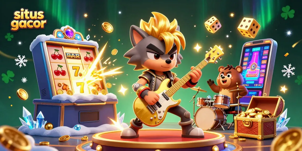 Experience the excitement of situs gacor with a dynamic slot game scene featuring a rock star wolf and jackpot explosions.