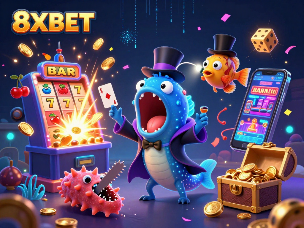 Engage with the vibrant magic of 8XBET through an immersive 3D casino illustration featuring fantastic sea creatures.