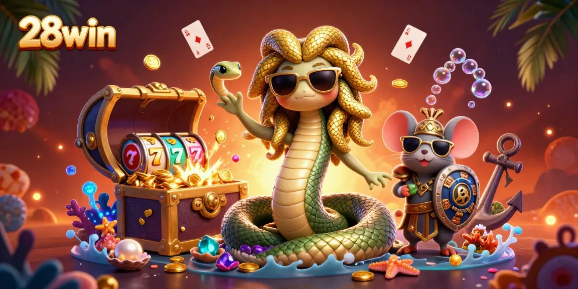Engage with 28win's vibrant online casino adventure featuring Medusa, a warrior mouse, and dynamic game elements.