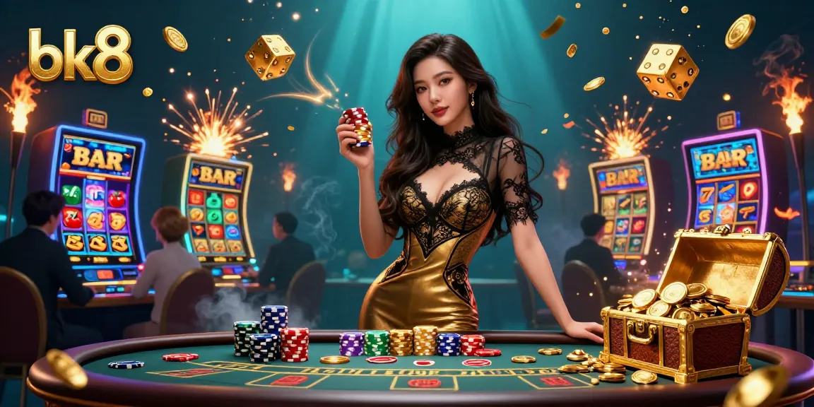 Experience thrilling gameplay at bk8 with a glamorous Asian woman at a lavish casino scene.