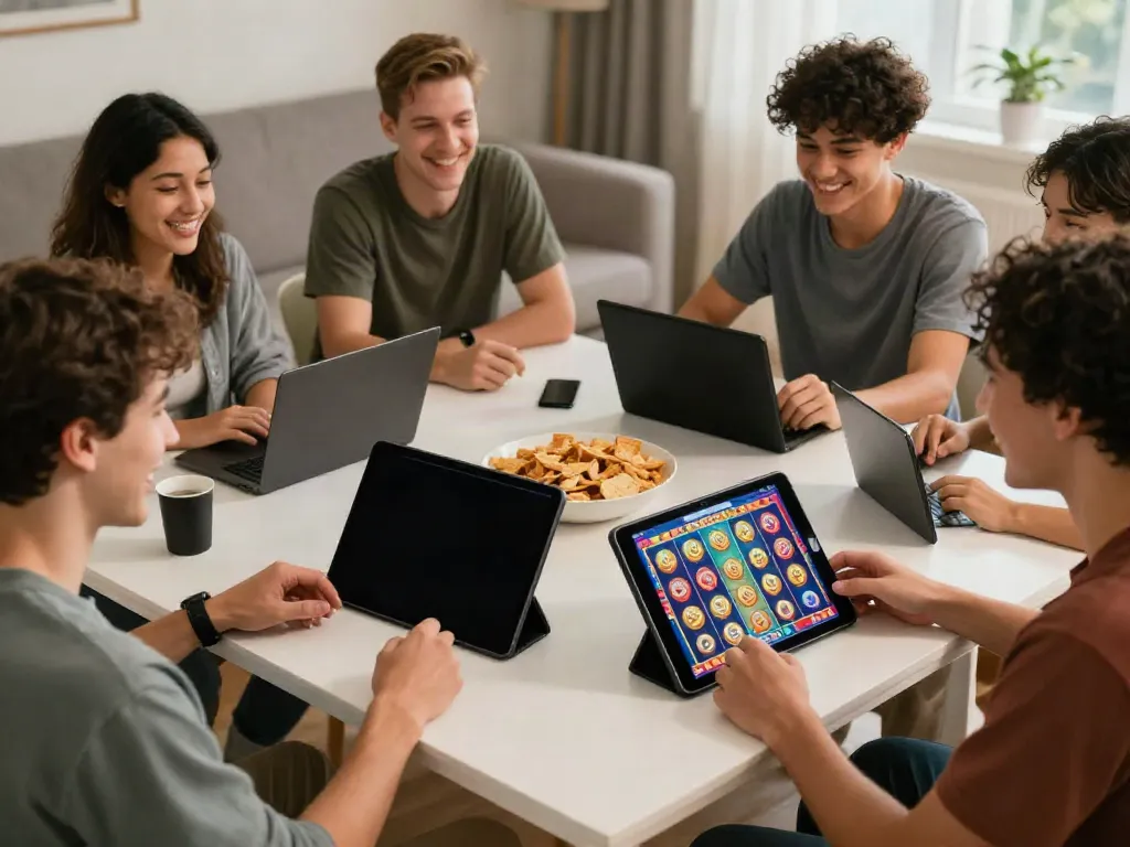 Friends enjoying slot games on mobile devices in a cozy setting
