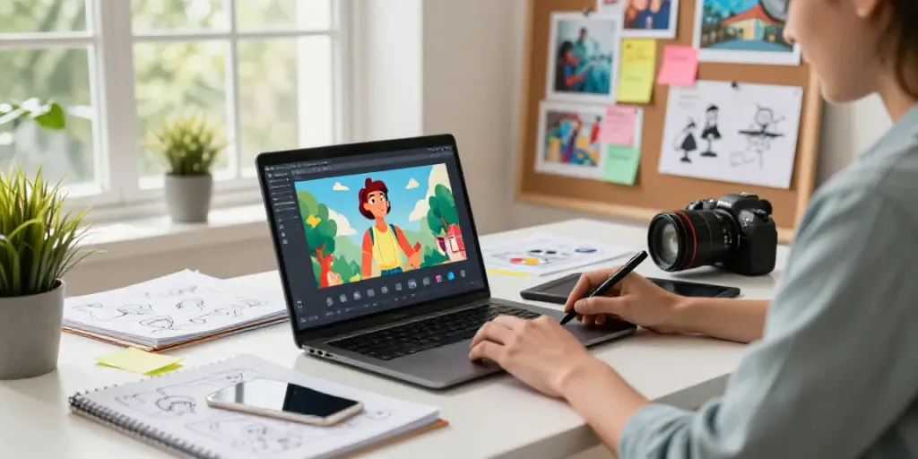 Creative professional using an online AI animated video generator in a bright workspace filled with animation ideas.