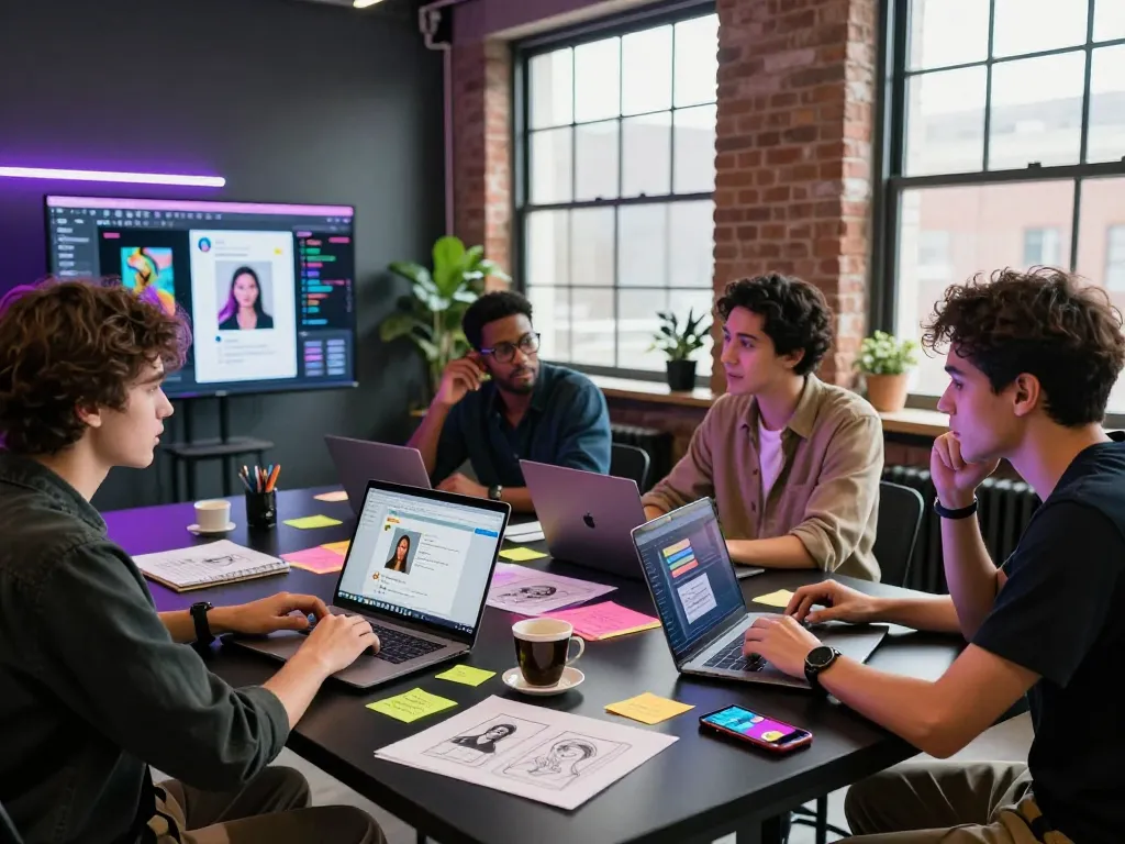 Team collaborating on NSFW AI projects in a vibrant innovation studio.