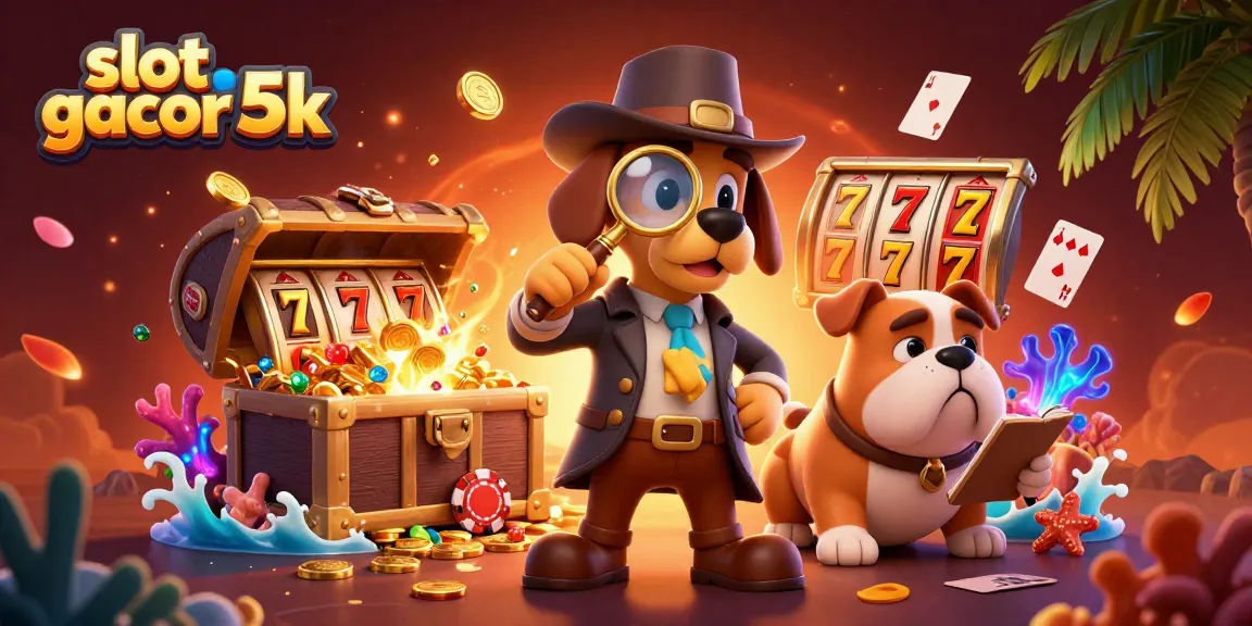 Experience rich gameplay at slot gacor 5k with a detective uncovering poker chip mysteries amidst vibrant casino elements.