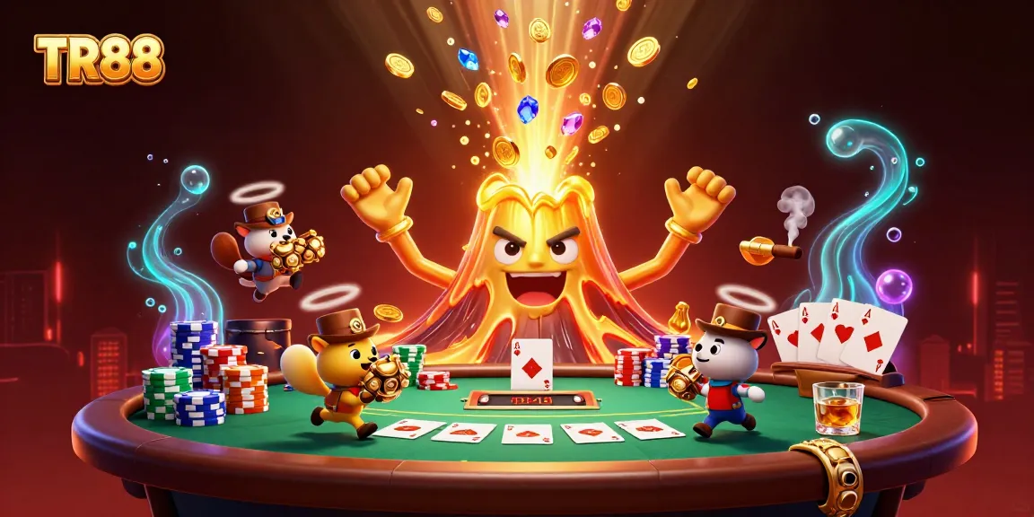 Experience TR88's thrilling casino action with a jubilant volcano showering coins and gems.