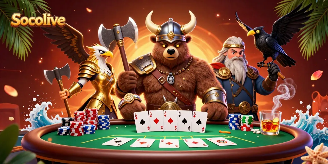 Socolive enhances the gaming experience with Viking-themed characters and energetic poker action.