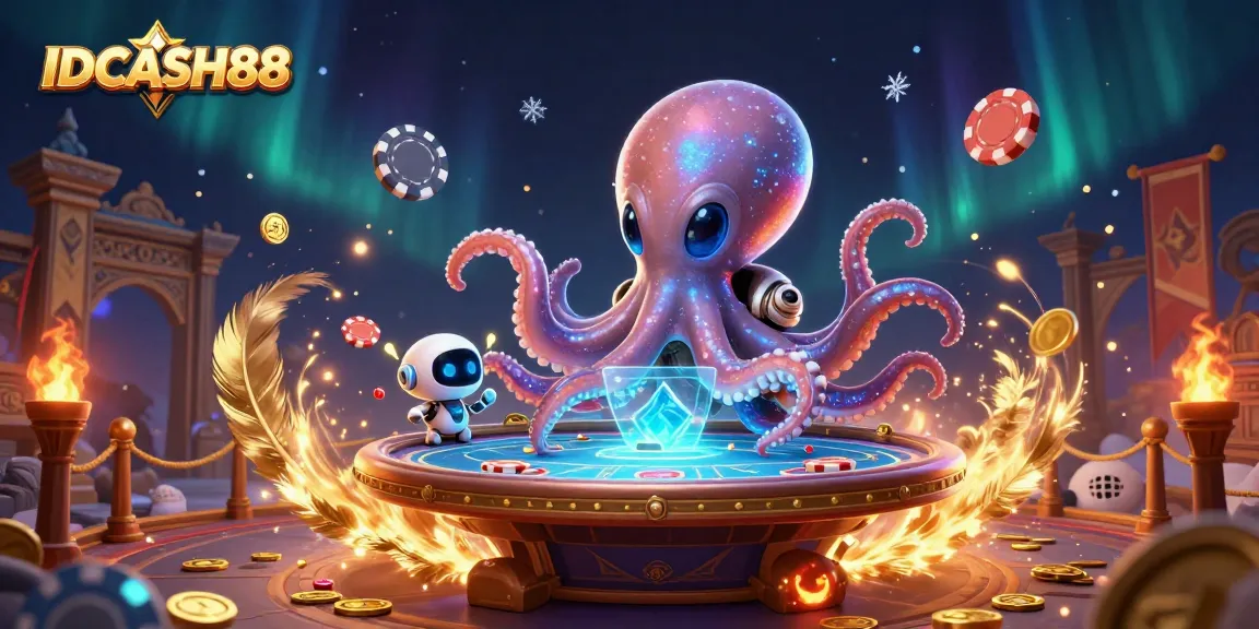 Engage with IDCASH88's thrilling poker experience featuring a playful alien octopus and vibrant gaming elements.