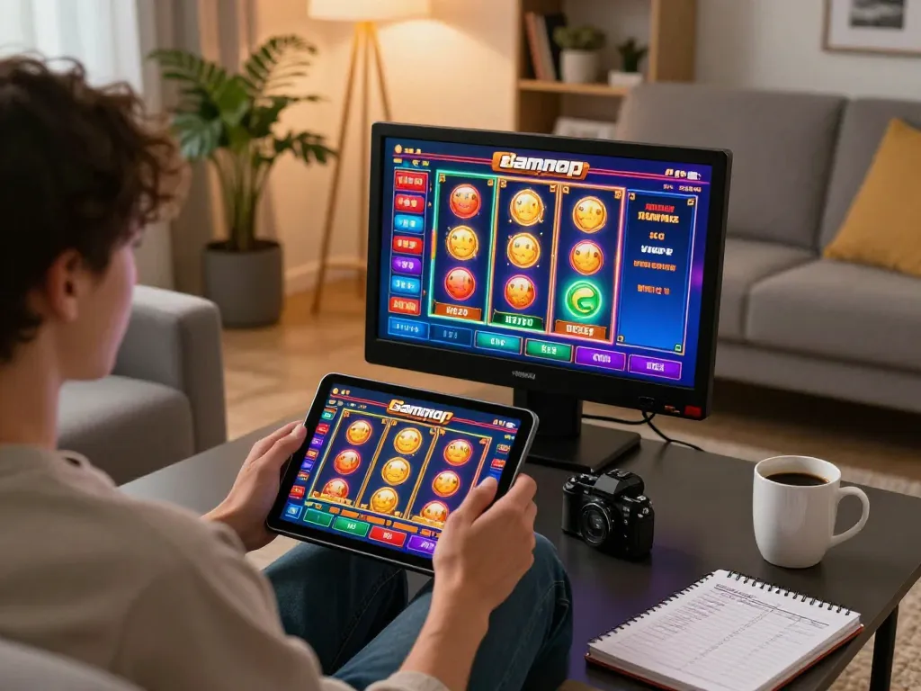 Playing colorful slots not on Gamstop on a tablet in a cozy living room, showcasing responsible online gaming.