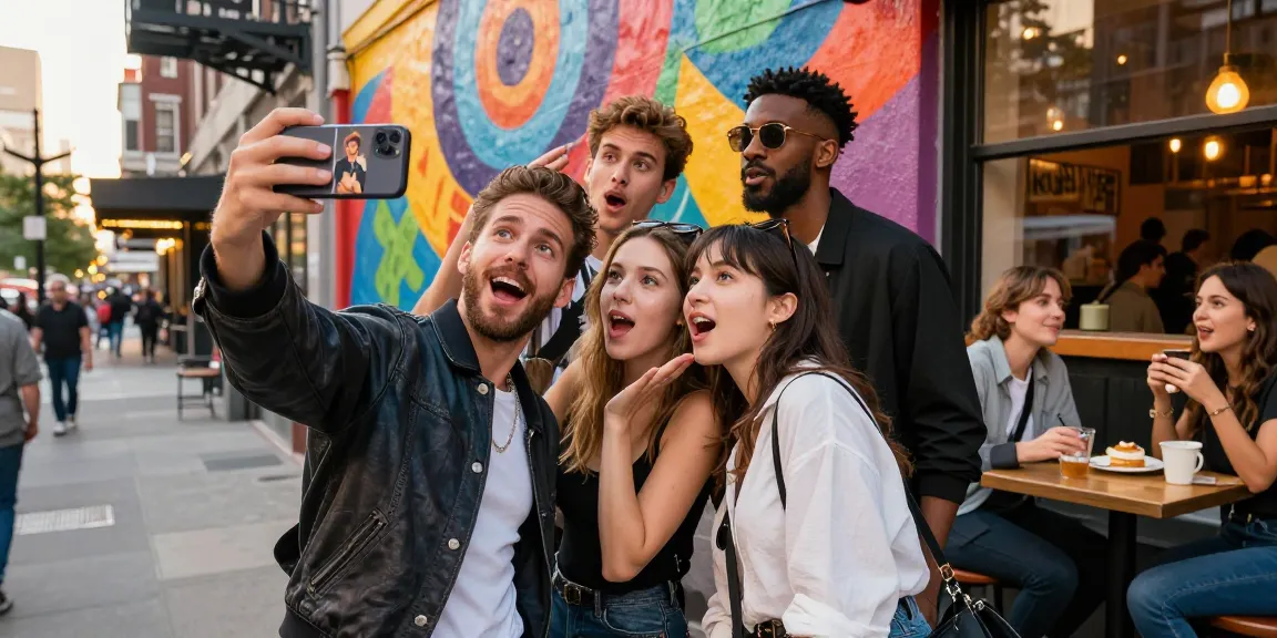 Young friends finding celebs I look like while taking a selfie, showcasing vibrant city life.