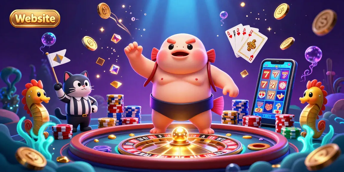 Experience thrilling underwater casino action with the fugu, catfish, and seahorse spectators in this dynamic Website illustration.