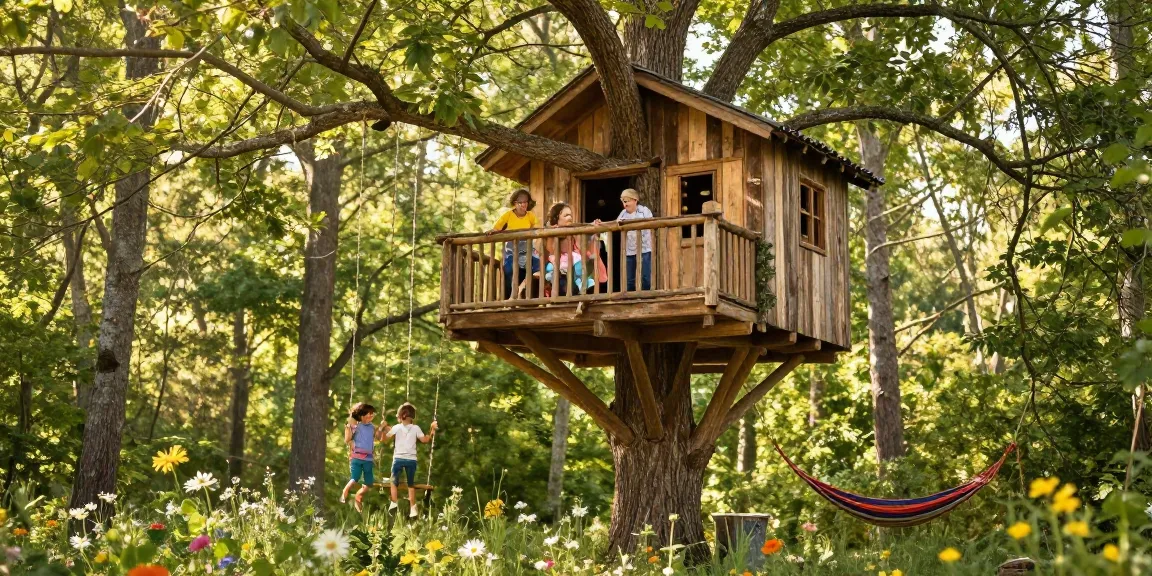 Family enjoying treehouses picnic in scenic woodland setting.