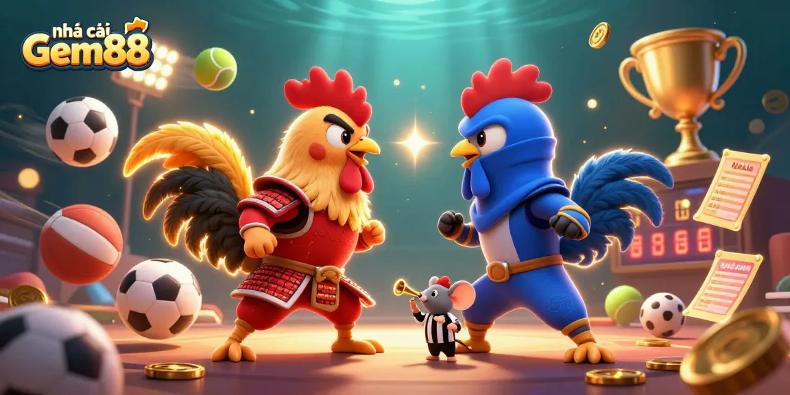 Engage in thrilling action with nhà cái Gem88 as fighting roosters duel in a vibrant, dynamic casino scene.
