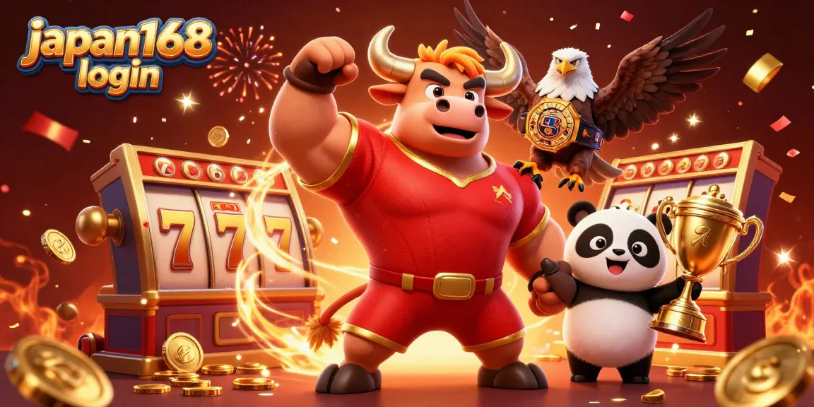 Win big with japan168 login, featuring a bull mascot and friends celebrating around dazzling slot reels.