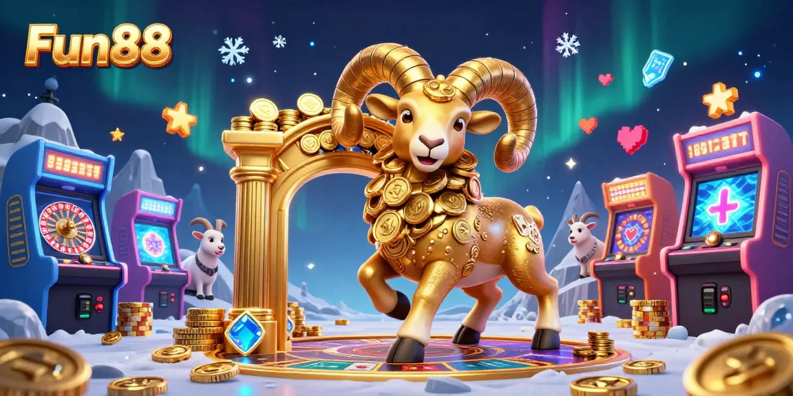 Fun88 features a dynamic scene with a golden ram charging at a casino gate, surrounded by arcade games.