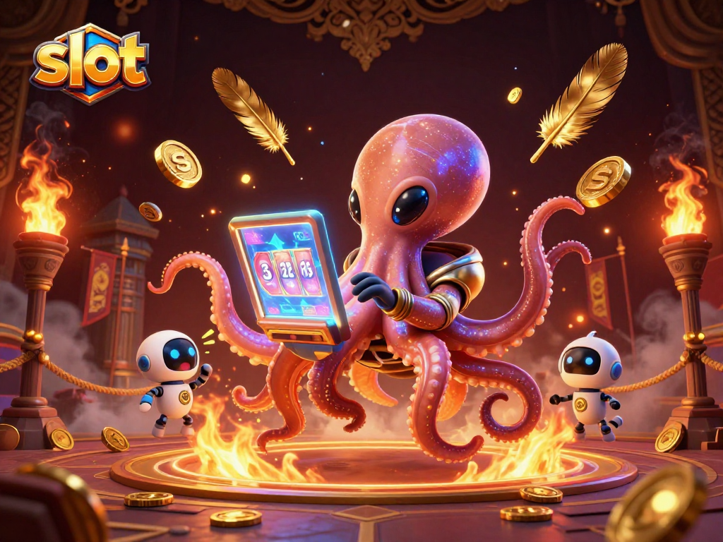 Spin the slot with a vibrant alien octopus at a holographic machine in a cosmic casino scene.