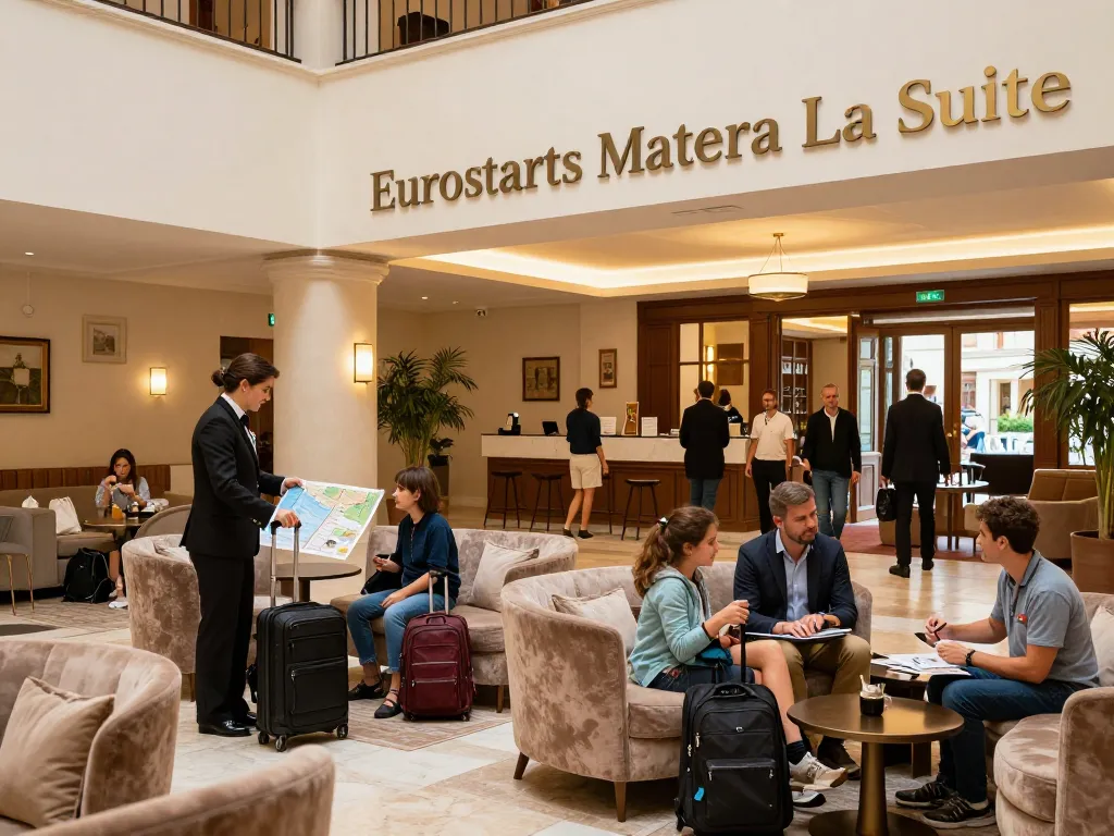 mdg188 guests enjoying premium services and elegant decor in Eurostars Matera La Suite hotel lobby