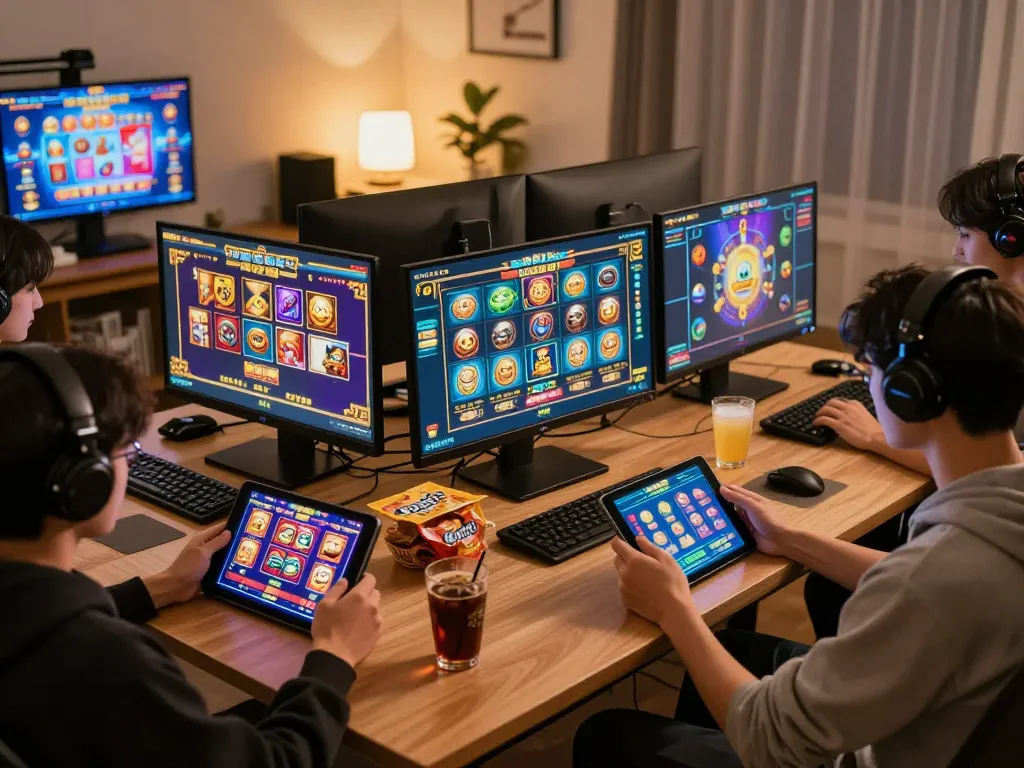 Player engaging with slot games on multiple screens in a modern home gaming setup.