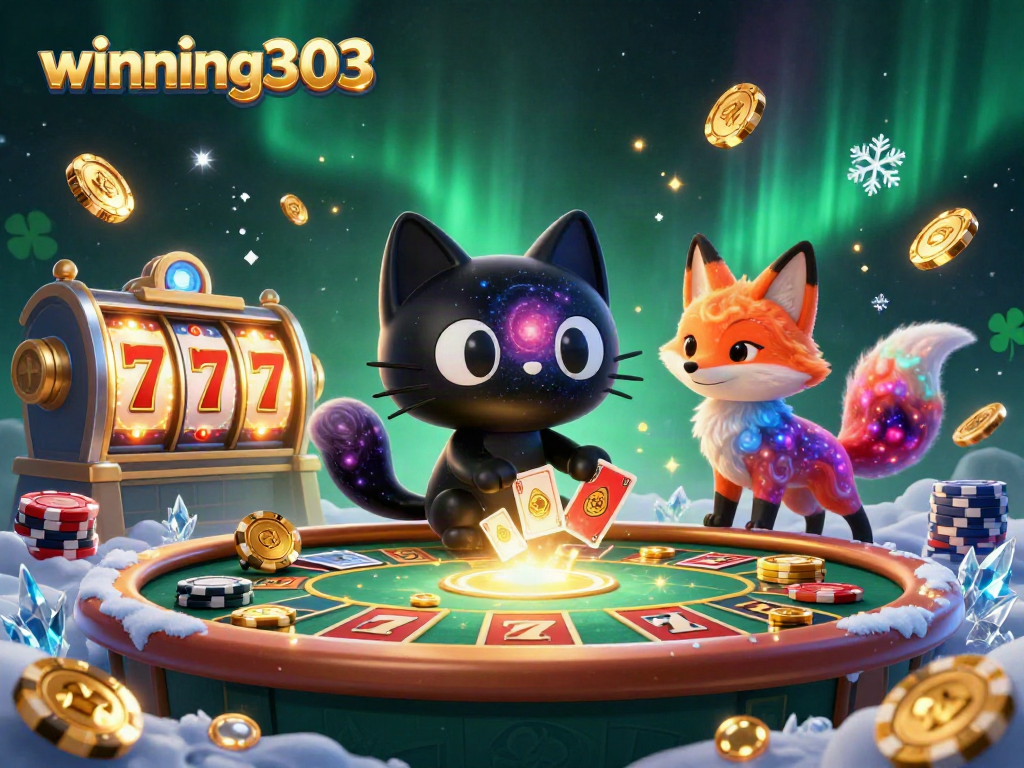 Engage in dynamic gaming action with winning303, where a cosmic cat attracts golden chips and cards.