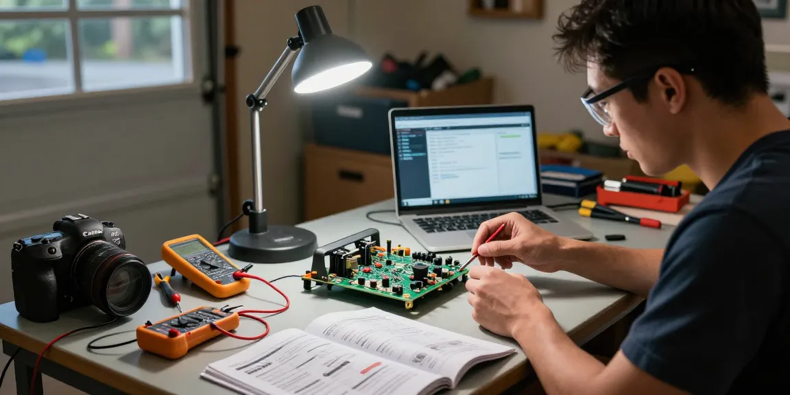 Mighty Mule circuit board problems being diagnosed in a home garage with tools and manuals.